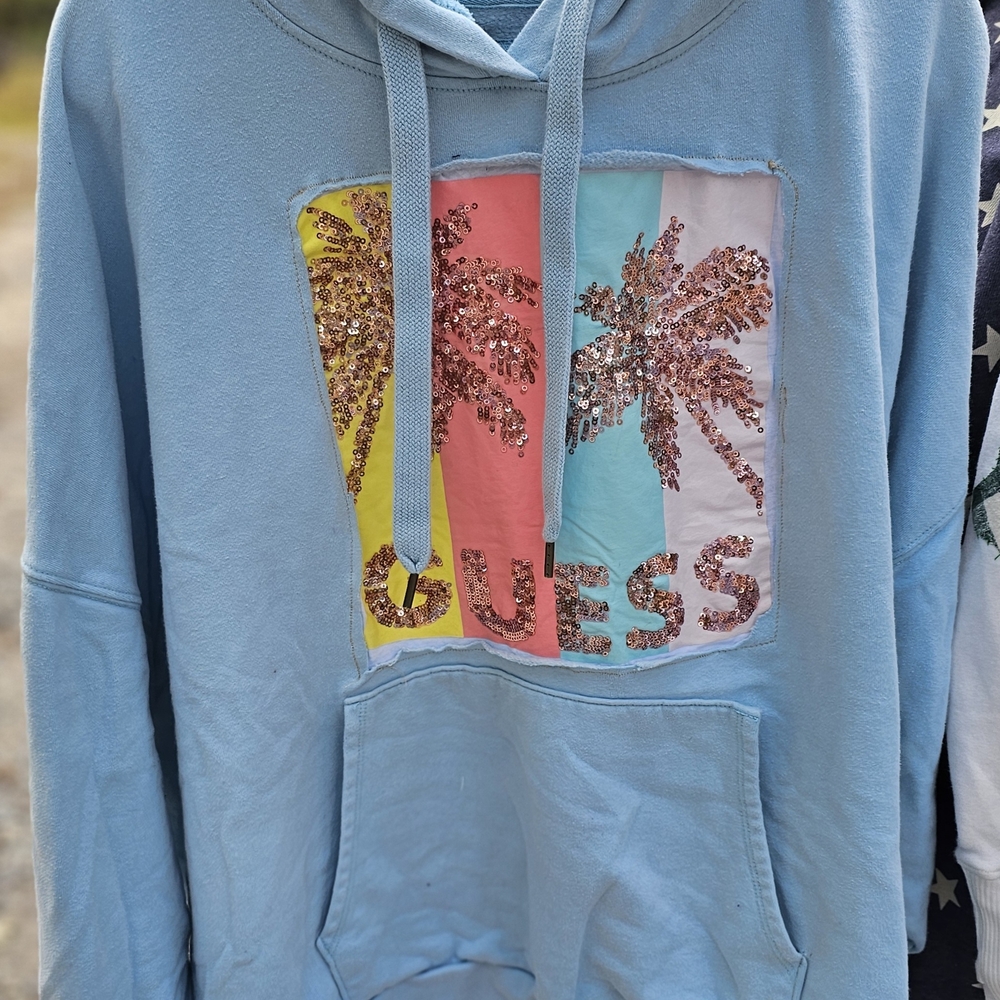 Guess Blue Hoodie with Sequin Palm Trees